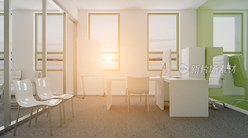 家具，包括桌子，椅子和设备。3 d rendering. /。日落。
